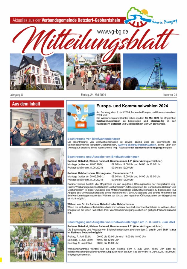 Titelblatt Aktuelles aus der VG Betzdorf-Gebhardshain, Ausgabe Betzdorf Ausgabe: 20/2024