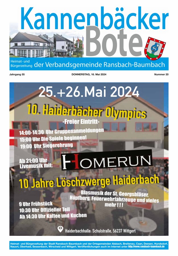 Titelblatt Kannenbäcker-Bote der Verbandsgemeinde Ransbach-Baumbach Ausgabe: 18/2024