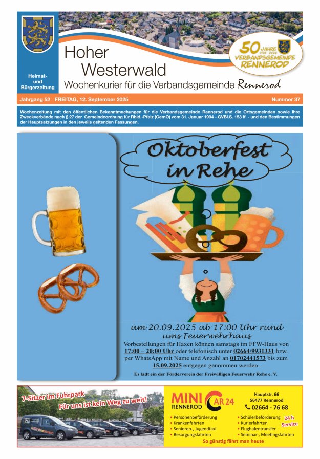 Titelblatt Hoher Westerwald - Wochenkurier für die Verbandsgemeinde Rennerod Ausgabe: 18/2024