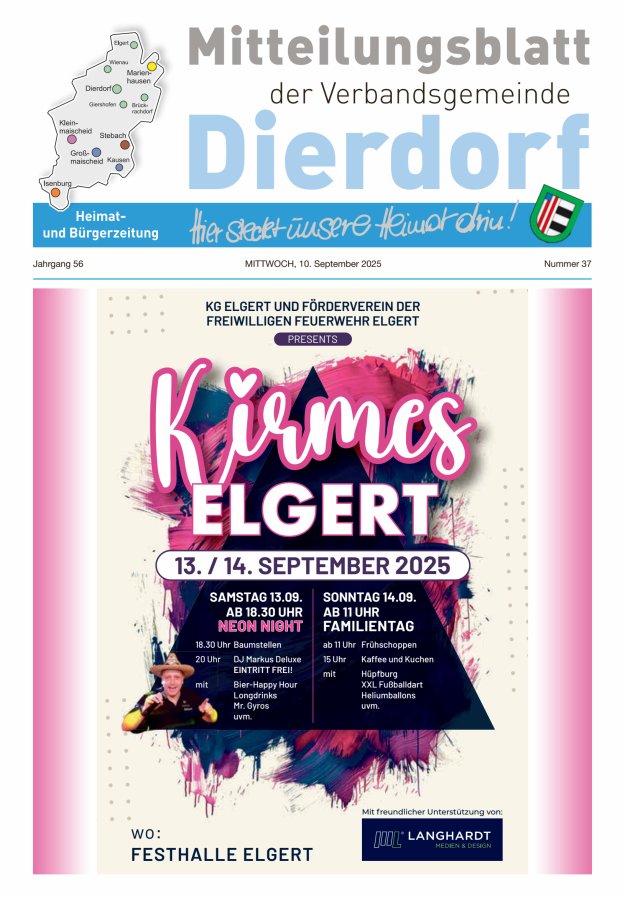 Titelblatt Mitteilungsblatt der Verbandsgemeinde Dierdorf Ausgabe: 20/2024