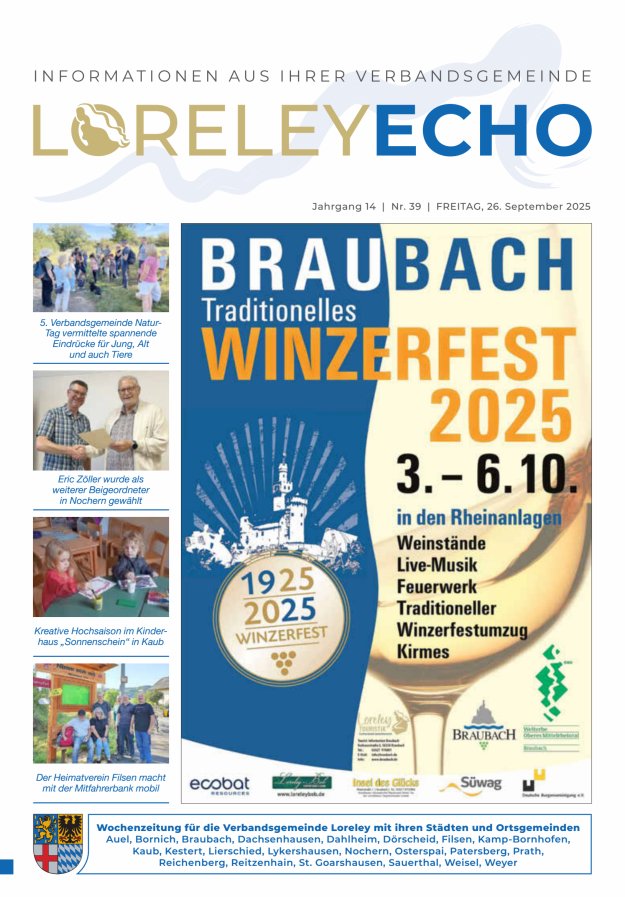 Titelblatt Loreley-Echo - Mitteilungsblatt der Verbandsgemeinde Loreley Ausgabe: 20/2024