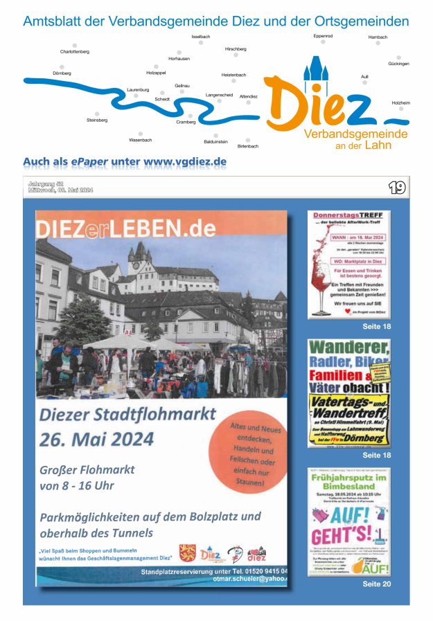 Titelblatt Amtsblatt der Verbandsgemeinde Diez und der Ortsgemeinden Ausgabe: 19/2024