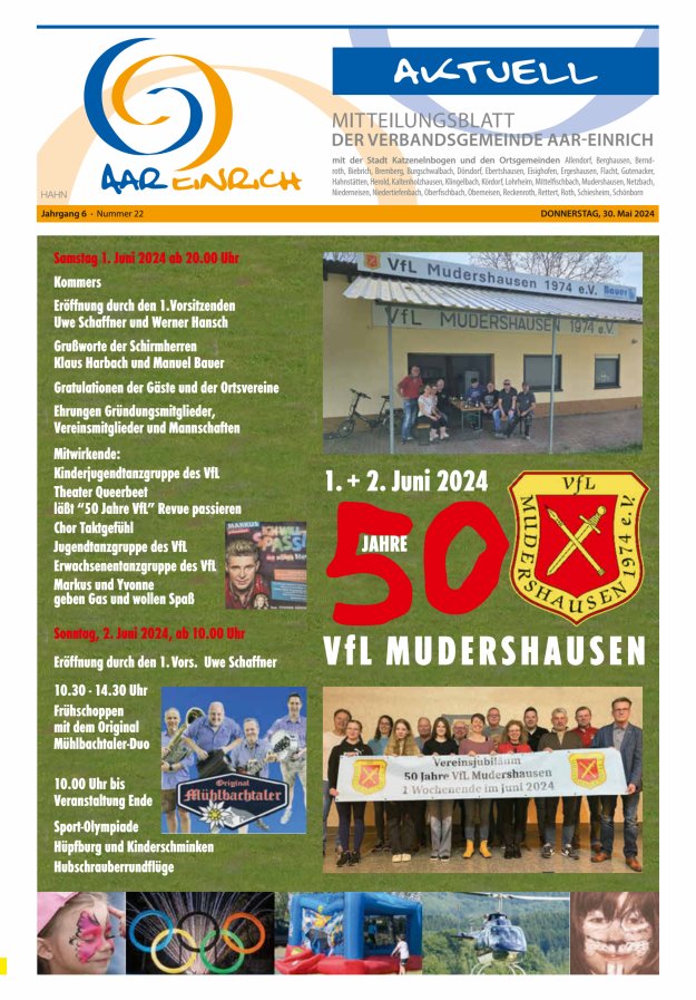 Titelblatt Mitteilungsblatt der Verbandsgemeinde Aar-Einrich, Ausgabe Hahnstätten Ausgabe: 20/2024