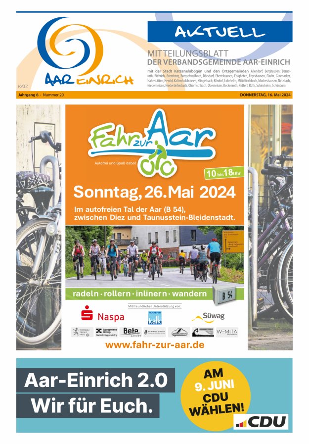 Titelblatt Mitteilungsblatt der Verbandsgemeinde Aar-Einrich, Ausgabe Katzenelnbogen Ausgabe: 20/2024