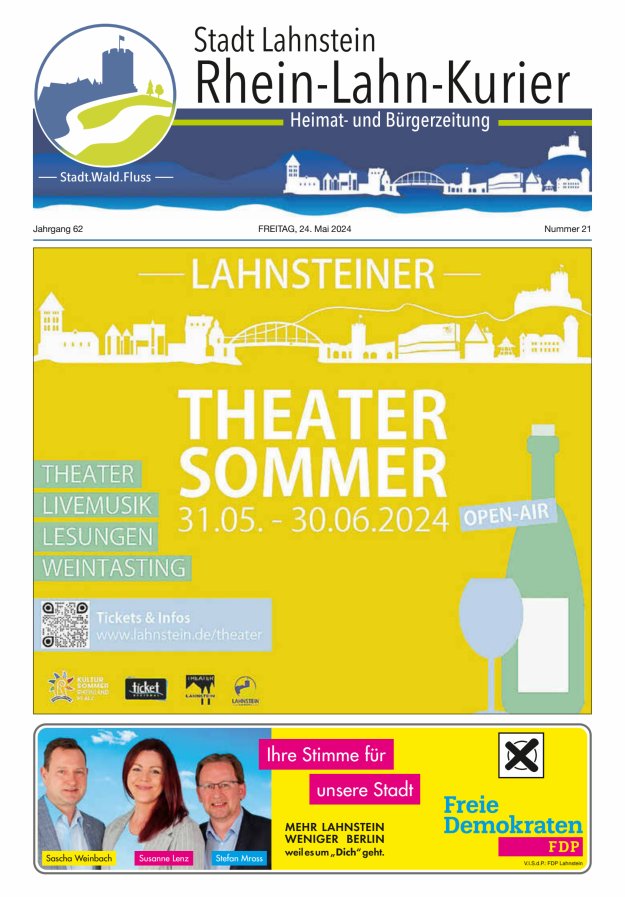 Titelblatt Rhein-Lahn-Kurier - Heimat- u. Bürgerzeitung für die Stadt Lahnstein Ausgabe: 20/2024