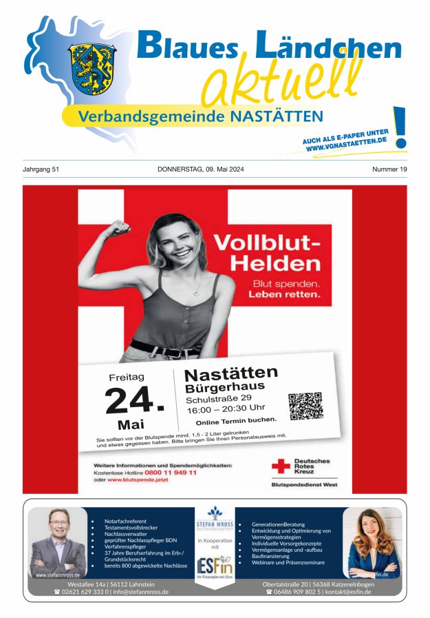 Titelblatt Blaues Ländchen aktuell - Heimat- u. Bürgerzeitung VG Nastätten Ausgabe: 18/2024
