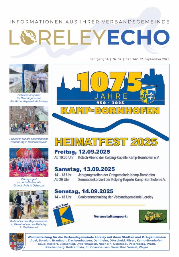 Titelblatt Loreley-Echo - Mitteilungsblatt der Verbandsgemeinde Loreley Ausgabe: 18/2024