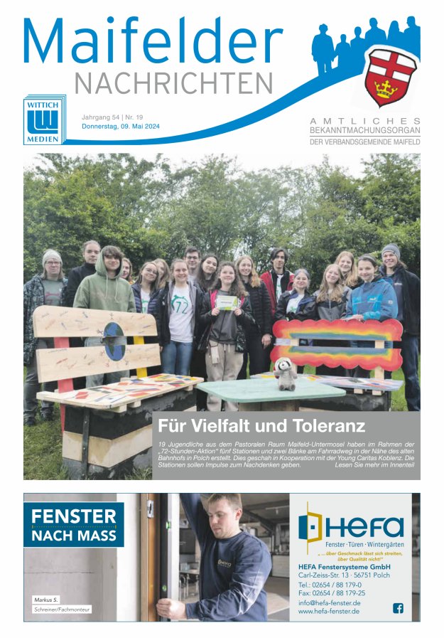 Titelblatt Maifelder Nachrichten - Wochenzeitung der Verbandsgemeinde Maifeld Ausgabe: 20/2024