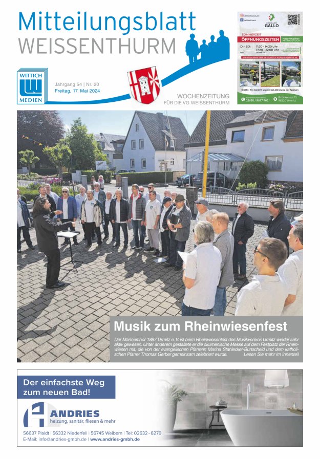 Titelblatt Mitteilungsblatt für den Bereich der Verbandsgemeinde Weißenthurm Ausgabe: 17/2024