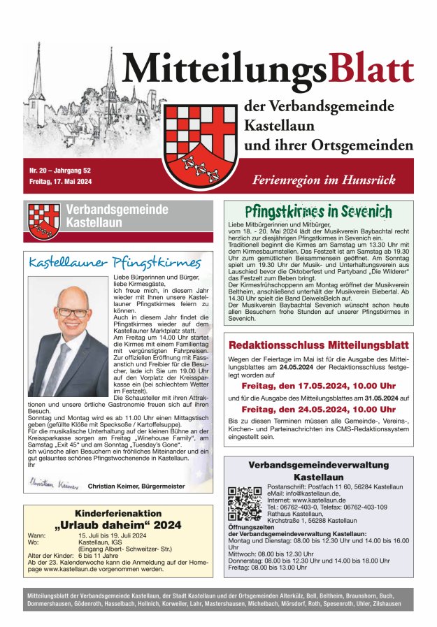 Titelblatt Mitteilungsblatt Kastellaun Ausgabe: 18/2024