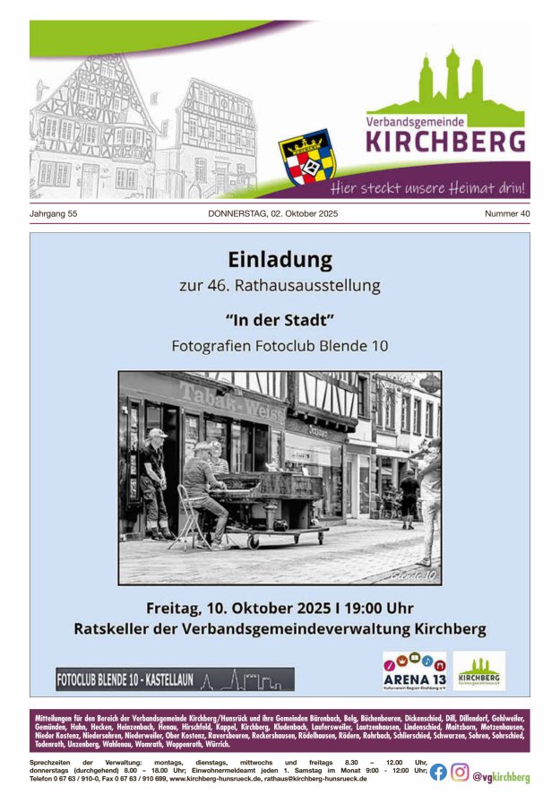 Titelblatt Mitteilungen der Verbandsgemeinde Kirchberg/Hunsrück Ausgabe: 20/2024