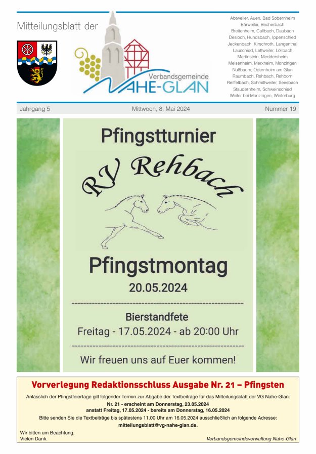 Titelblatt Mitteilungsblatt für die Verbandsgemeinde Nahe-Glan Ausgabe: 18/2024