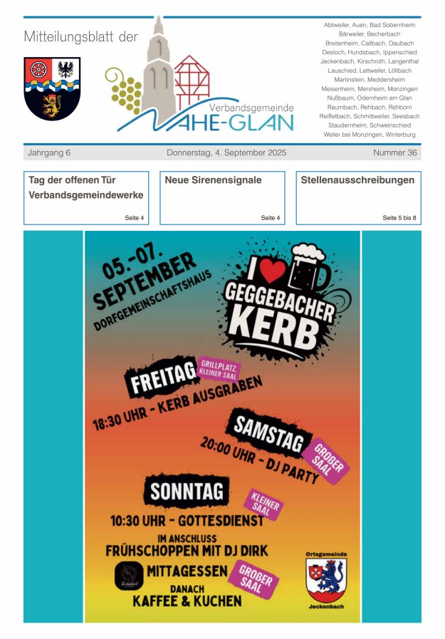 Titelblatt Mitteilungsblatt für die Verbandsgemeinde Nahe-Glan Ausgabe: 20/2024