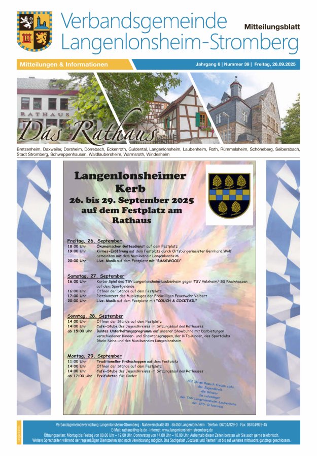 Titelblatt Das Rathaus - MTB d. VG Langenlonsheim-Stromberg, Ausgabe Langenlonsheim Ausgabe: 20/2024