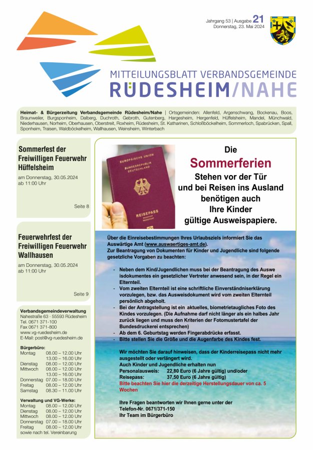 Titelblatt Mitteilungsblatt Verbandsgemeinde Rüdesheim und zugehörige Ortsgemeinden Ausgabe: 20/2024