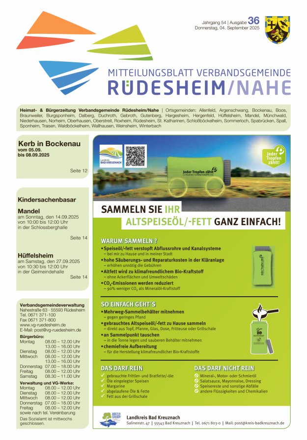 Titelblatt Mitteilungsblatt Verbandsgemeinde Rüdesheim und zugehörige Ortsgemeinden Ausgabe: 19/2024