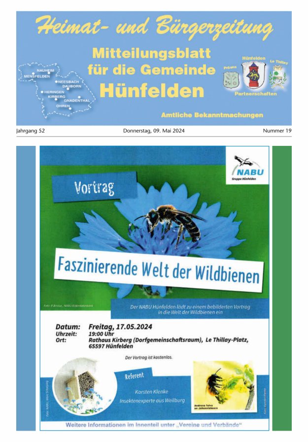 Titelblatt Mitteilungsblatt für die Gemeinde Hünfelden Ausgabe: 18/2024