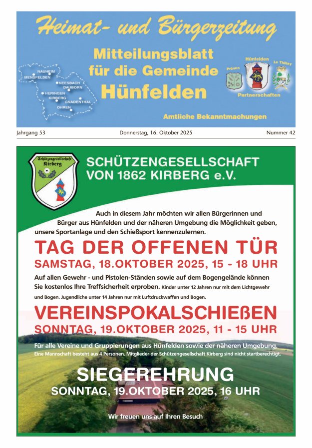 Titelblatt Mitteilungsblatt für die Gemeinde Hünfelden