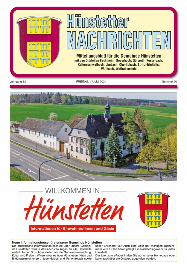 Titelblatt Hünstetter Nachrichten - Mitteilungsblatt für die Gemeinde Hünstetten Ausgabe: 17/2024