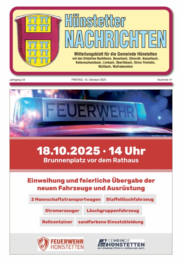 Titelblatt Hünstetter Nachrichten - Mitteilungsblatt für die Gemeinde Hünstetten