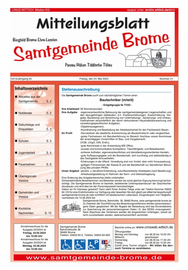 Titelblatt Mitteilungsblatt Samtgemeinde Brome Ausgabe: 20/2024