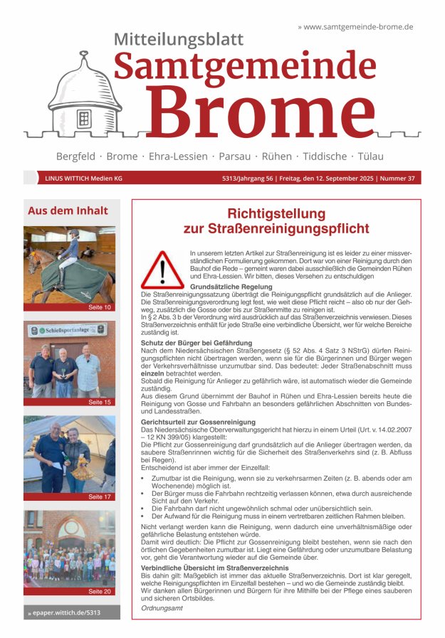 Titelblatt Mitteilungsblatt Samtgemeinde Brome Ausgabe: 20/2024