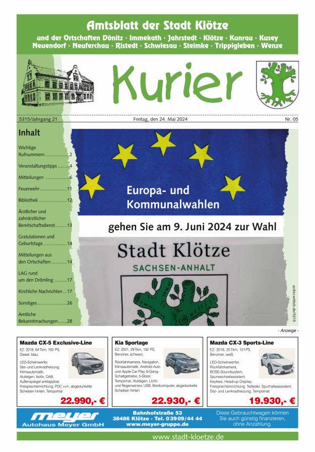 Titelblatt Stadt Klötze Kurier Ausgabe: 04/2024