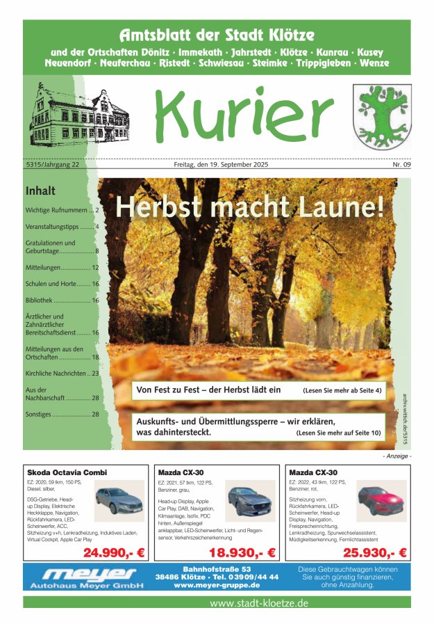 Titelblatt Stadt Klötze Kurier Ausgabe: 04/2024