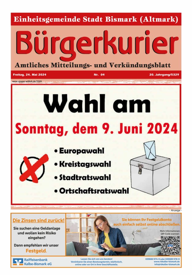 Titelblatt Bürgerkurier der Einheitsgemeinde Stadt Bismark (Altmark) Ausgabe: 03/2024