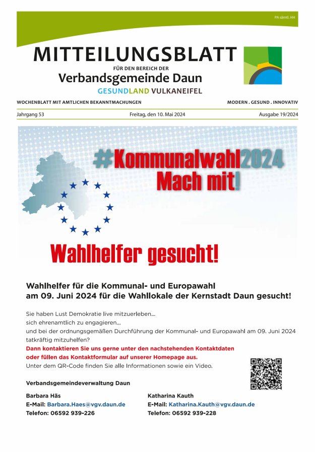 Titelblatt Mitteilungsblatt VG Daun Ausgabe: 19/2024