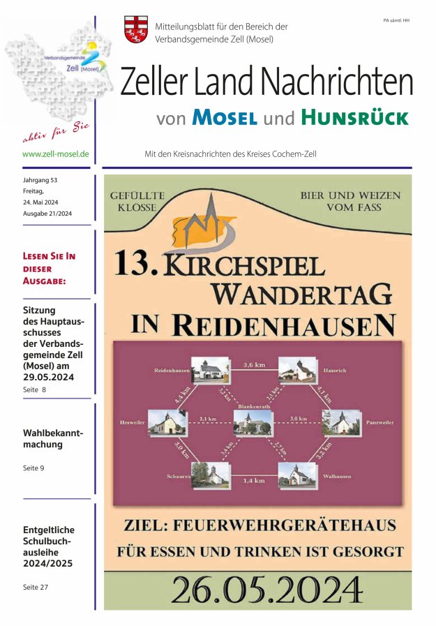 Titelblatt Zeller Land Nachrichten - Zell (Mosel) Ausgabe: 19/2024