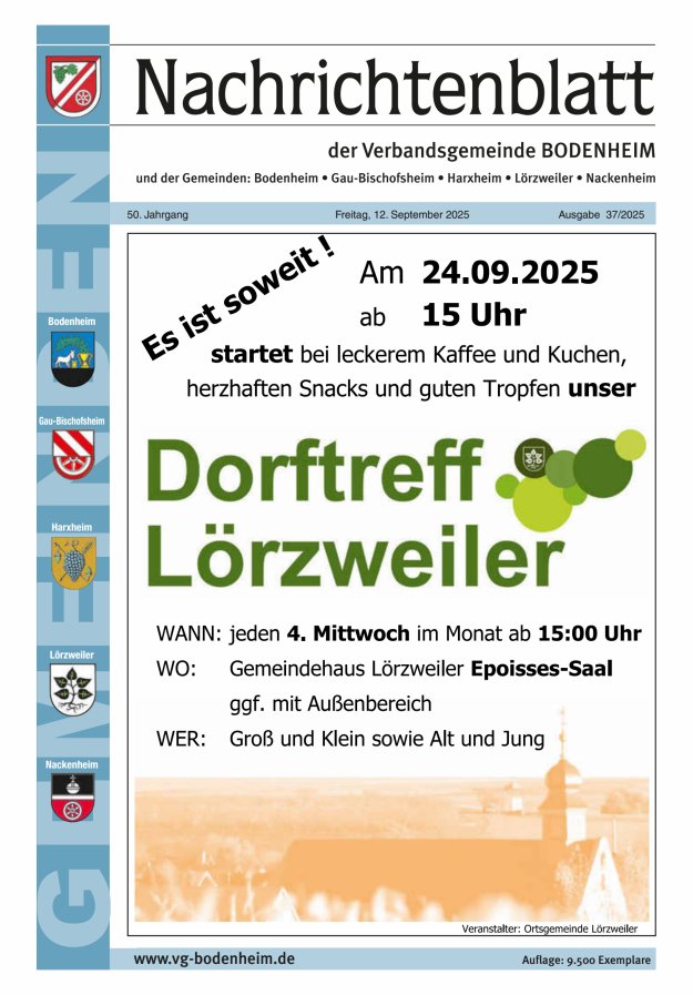 Titelblatt Nachrichtenblatt der VG Bodenheim                   Ausgabe: 19/2024