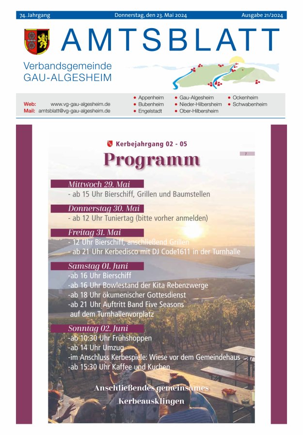Titelblatt Amtsblatt der VG Gau-Algesheim Ausgabe: 20/2024