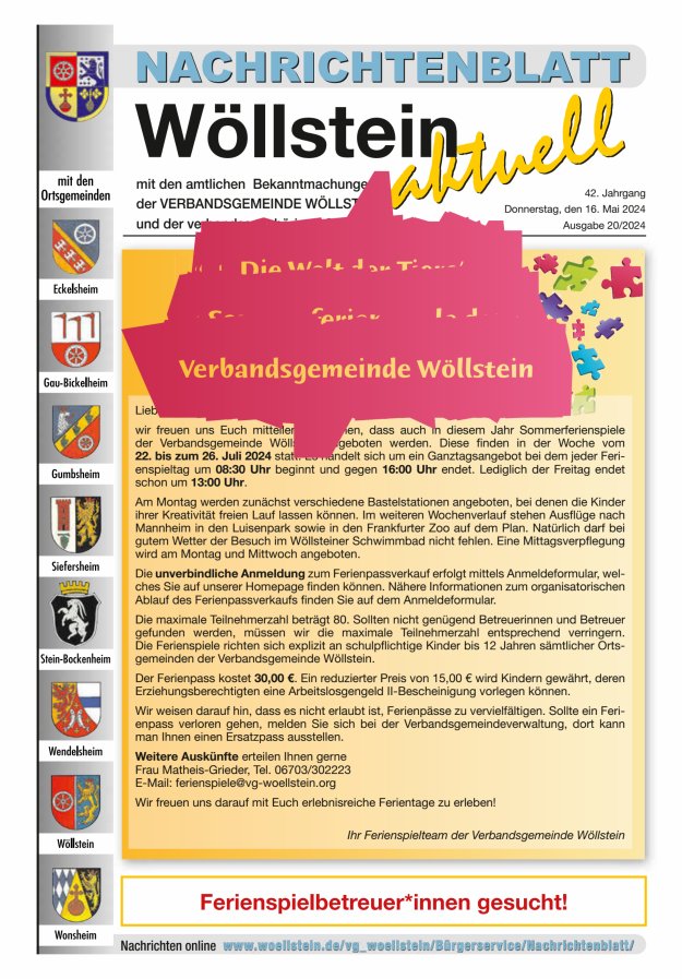 Titelblatt Nachrichtenblatt Wöllstein aktuell Ausgabe: 18/2024