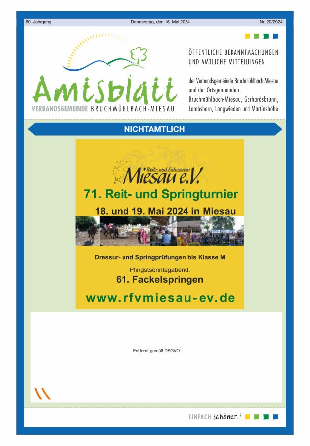 Titelblatt Amtsblatt VG Bruchmühlbach-Miesau Ausgabe: 20/2024